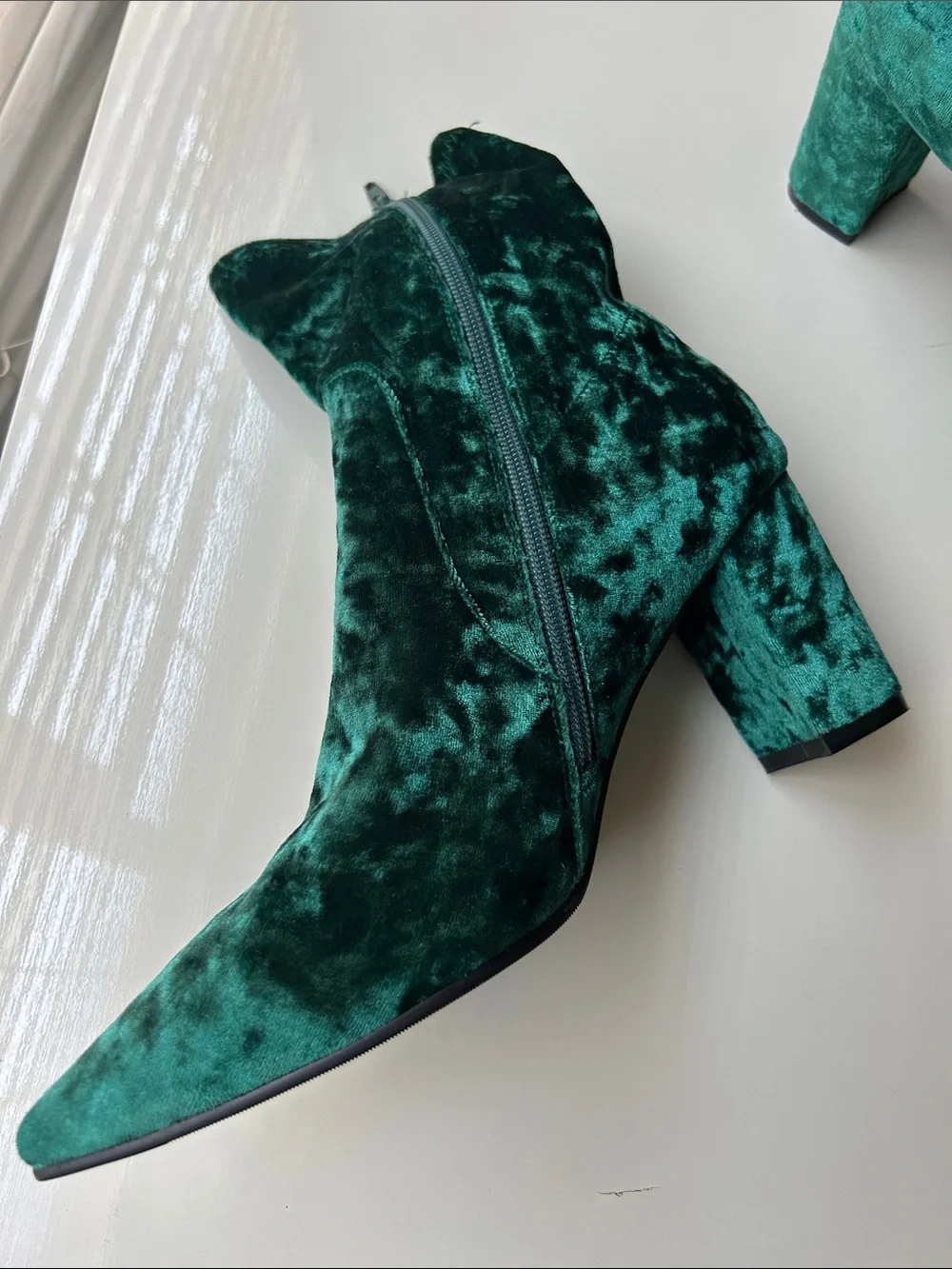 Silent D Velvet Pointed-Toe Ankle Boots in Emerald Green
